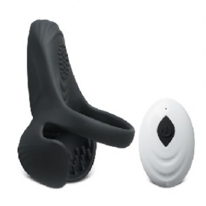 Vibrating Cock Ring with Balls Holder w/Remote Control, 10 Function, Silicone, BLACK